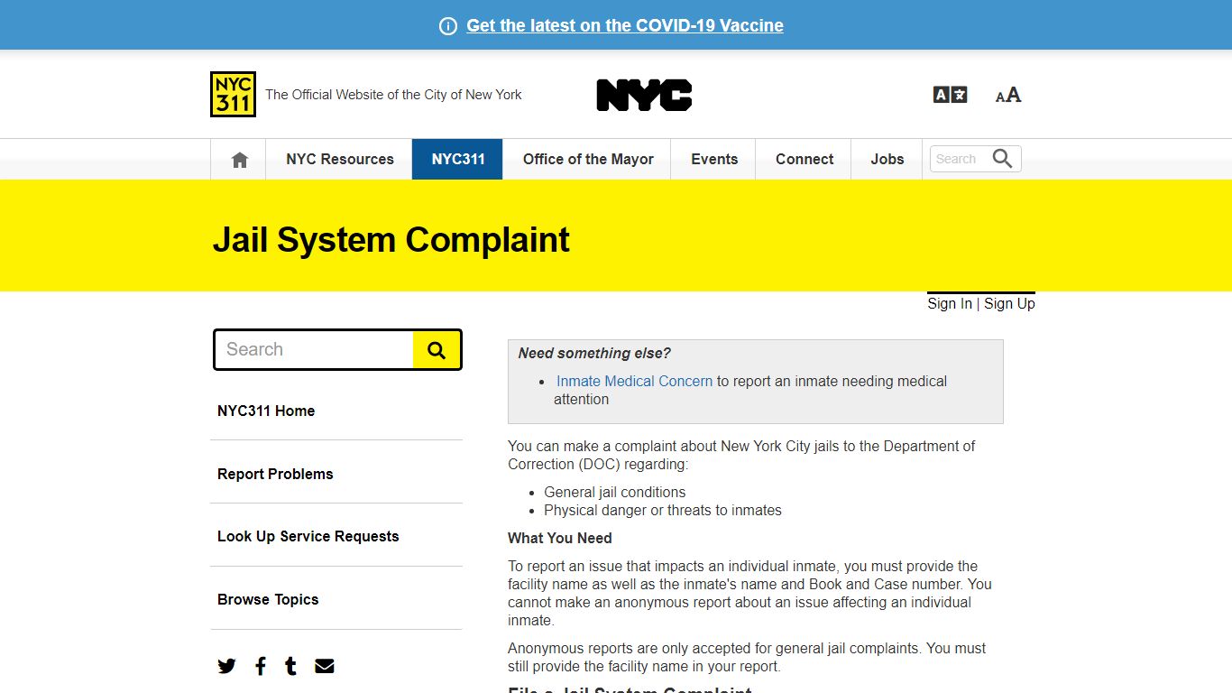 Jail System Complaint · NYC311 - Government of New York City